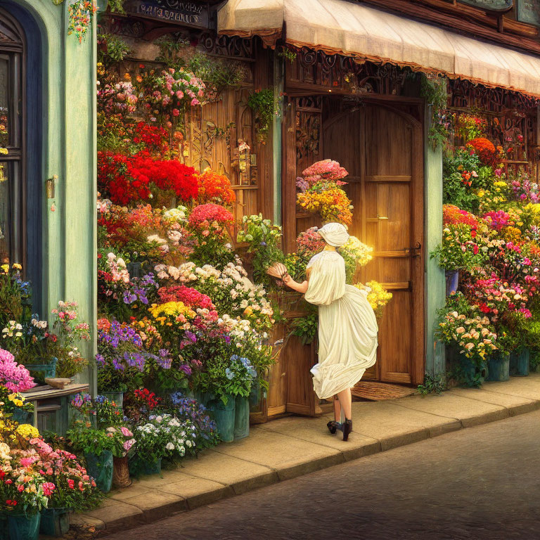 Vintage-dressed woman admires colorful flowers at quaint floral shop
