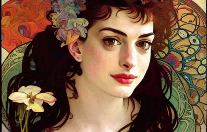 Stylized portrait of woman with dark hair and floral adornments