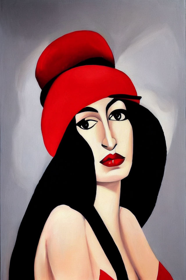 Stylized woman with red hat and lips against grey background