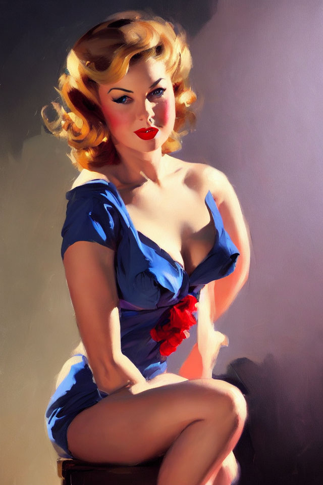 Vintage Pin-Up Girl Portrait with Blonde Curls and Red Lipstick