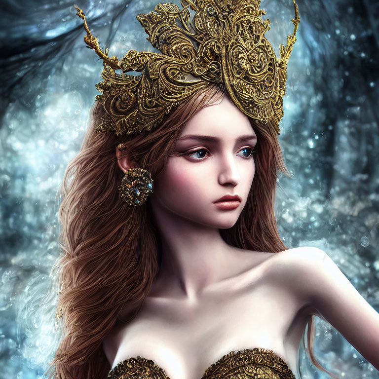 Young woman with wavy hair and gold crown in fantasy portrait