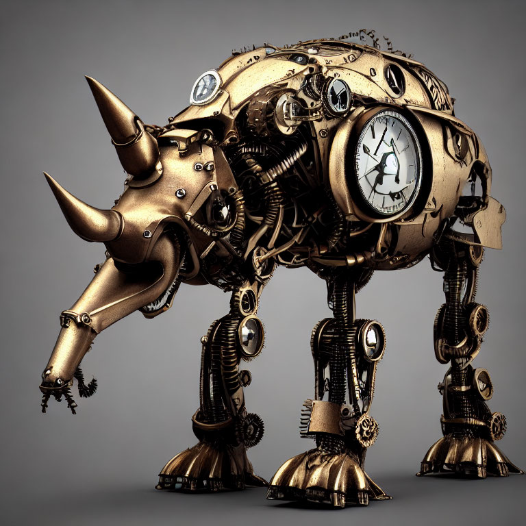 Steampunk-style Metallic Bull Sculpture with Clock Elements