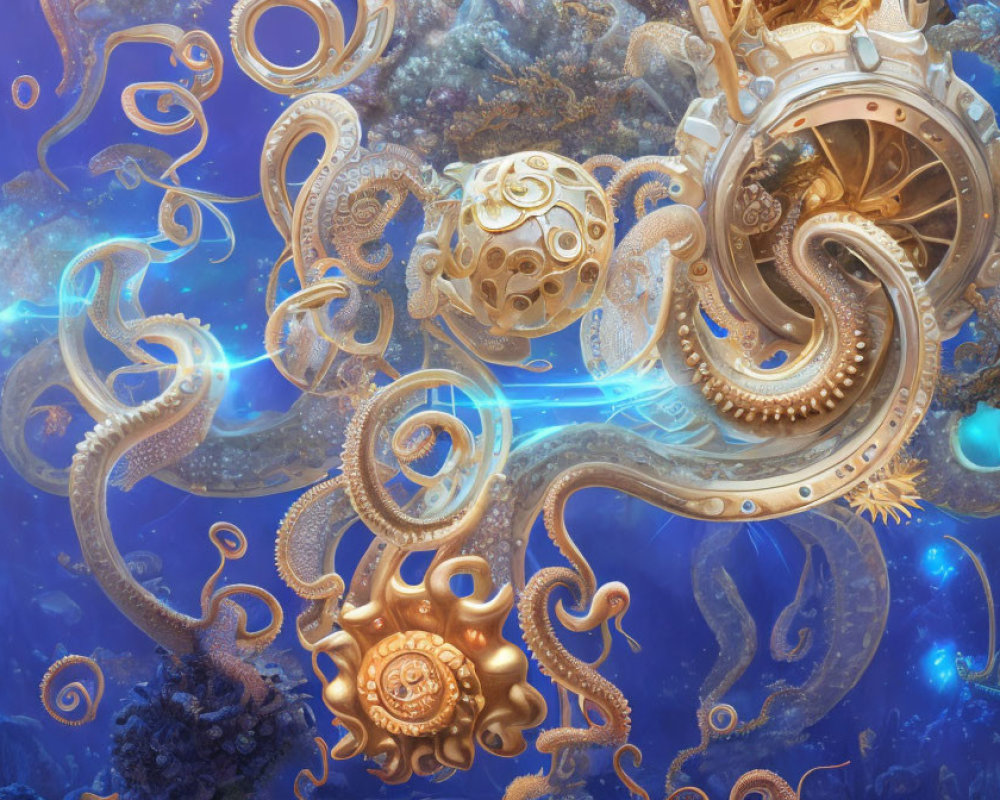 Steampunk octopus with mechanical tentacles in vibrant underwater scene