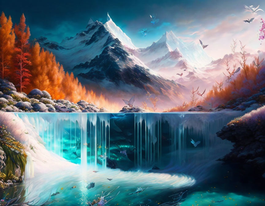 Digital artwork of magical landscape with waterfall, trees, mountains, and luminous birds
