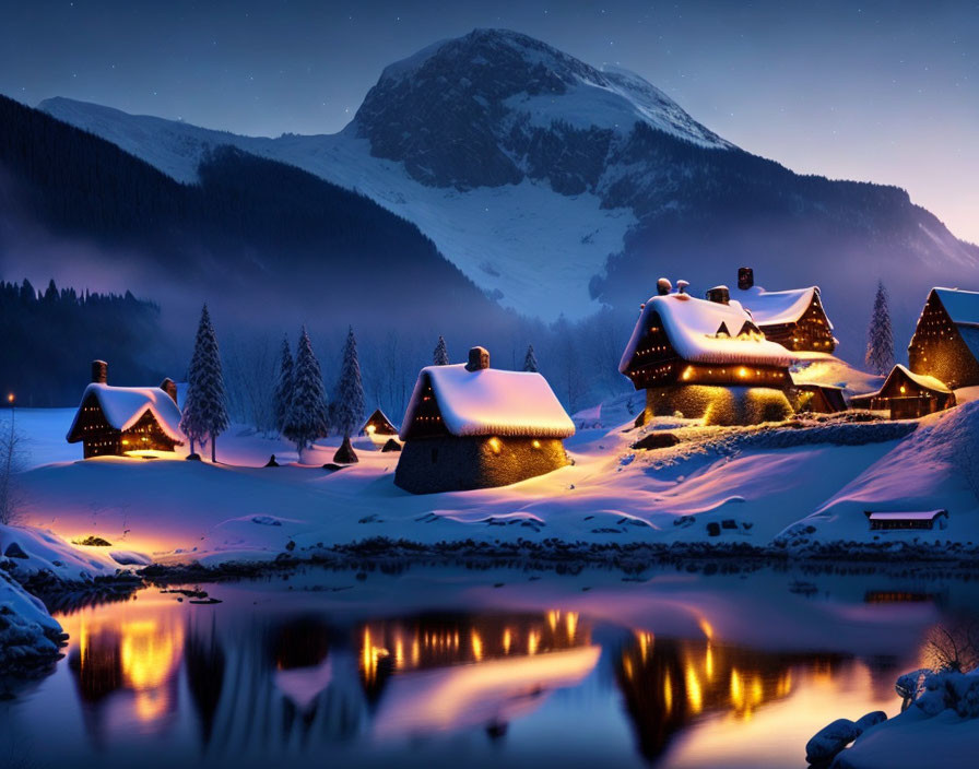 Snow-covered village with illuminated houses beside calm lake and mountain backdrop at dusk