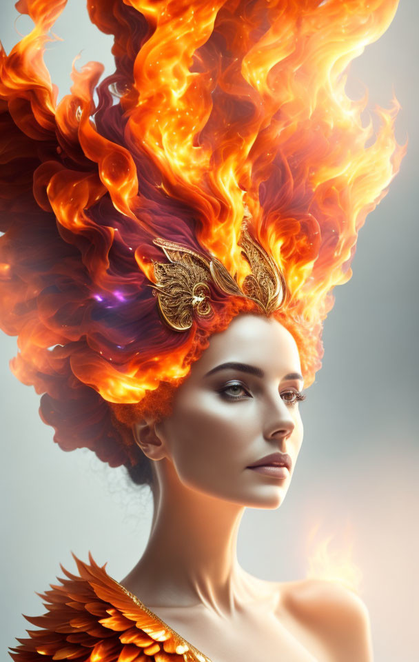 Vibrant fiery hair with golden headpiece in orange and yellow hues