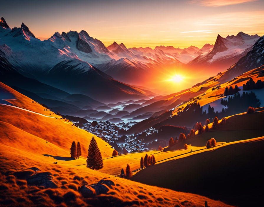 Vibrant orange sunset over mountainous landscape