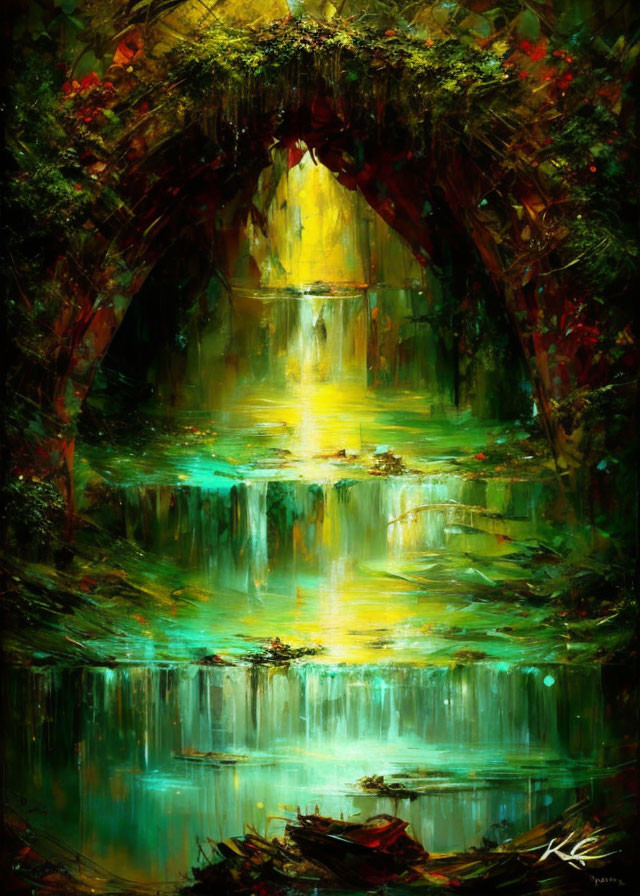 Ethereal painting of cascading waterfall through mossy archway