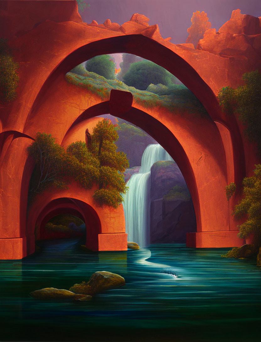 Tranquil waterfall scene with stacked red arch bridges