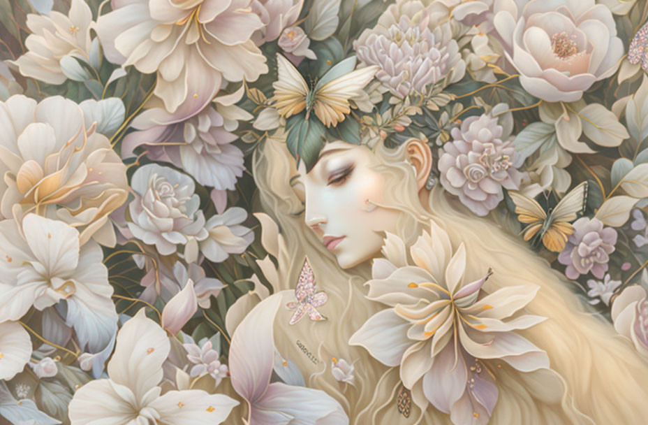 Serene woman's face with pastel flowers and butterflies