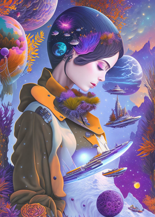Stylized portrait blending woman with cosmic backdrop, planets, spaceships, and floral elements in vivid