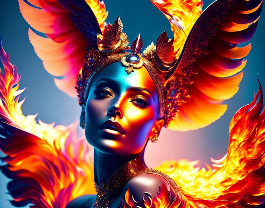 Fiery Phoenix-themed Woman on Blue Background