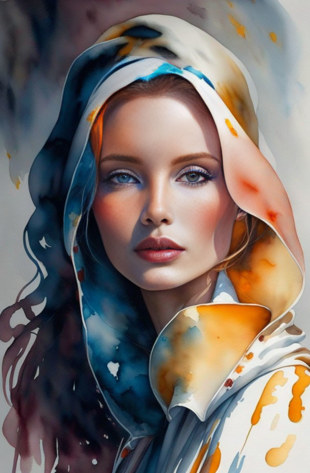 Colorful portrait of a woman with blue and orange scarf in dreamy watercolor.