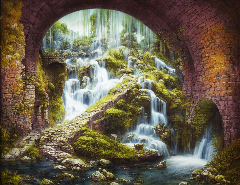 Brick bridge with cascading waterfalls in lush green setting