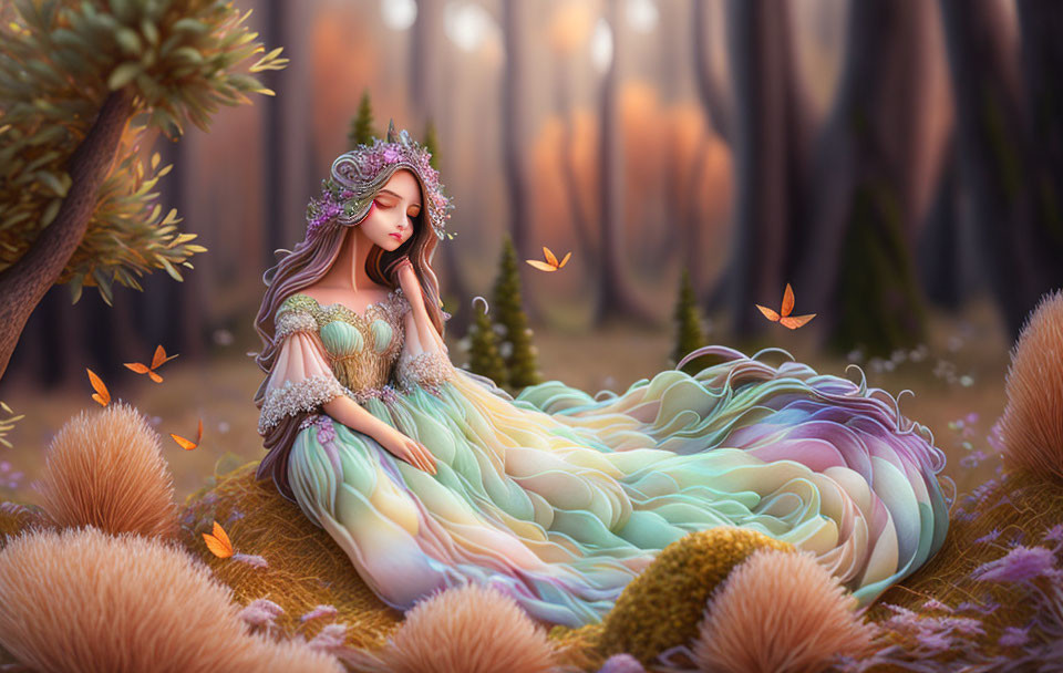 Fantasy maiden in multicolored gown in enchanted autumn forest