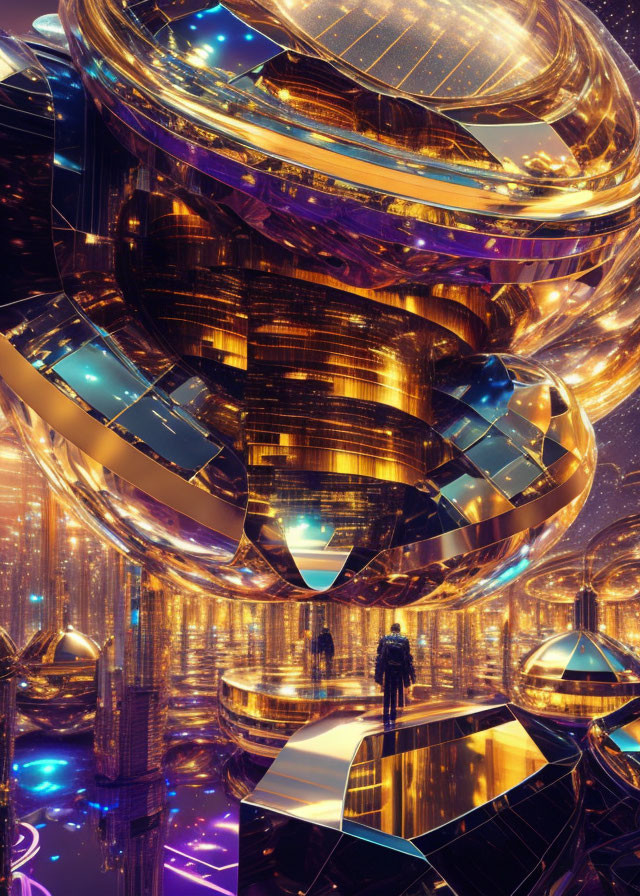 Futuristic golden vortex and cityscape backdrop.