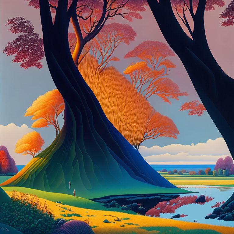 Colorful painting of trees, person on path, and winding river