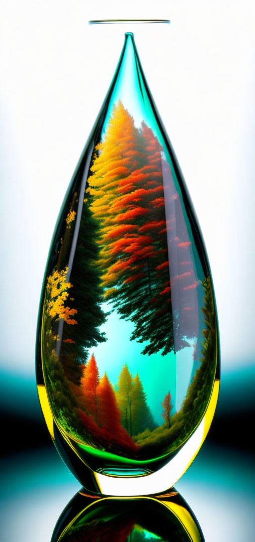 Colorful autumn forest scene in teardrop glass sculpture with mirrored reflections
