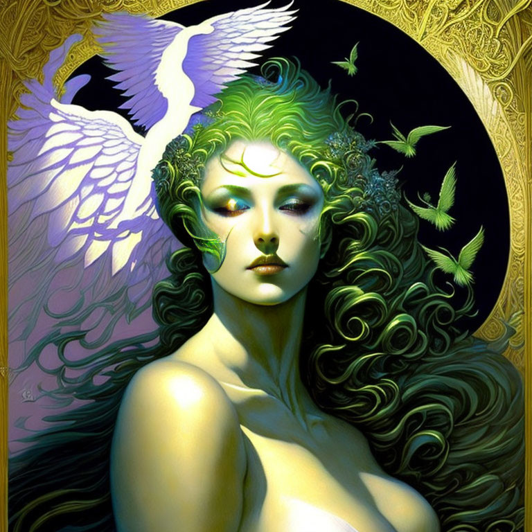 Fantastical illustration: Woman with green hair, white bird, golden patterns, butterflies.