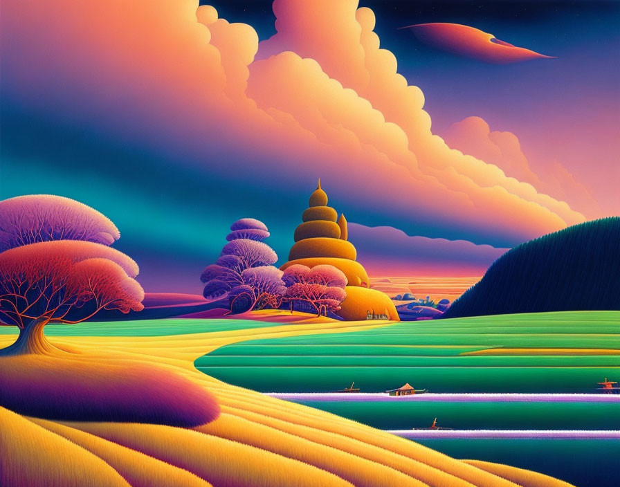 Colorful surreal landscape with pagoda under purple sky
