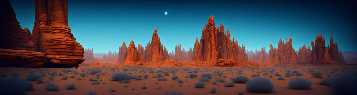 Desert landscape with rock formations, crescent moon, and star at twilight