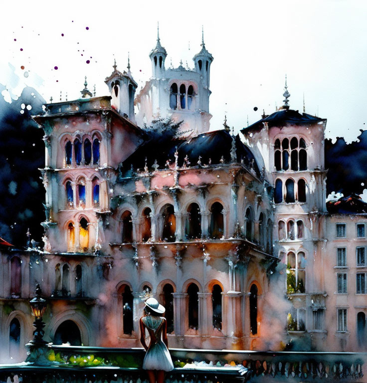 Watercolor painting: Woman on balcony, vibrant gothic buildings