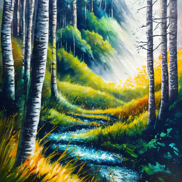 Colorful forest painting with blue stream, white-barked trees, and sunlight filtering through lush greenery