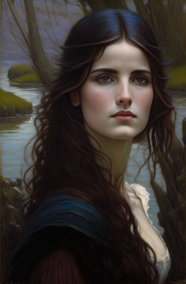 Dark-haired young woman gazes in forest and water backdrop