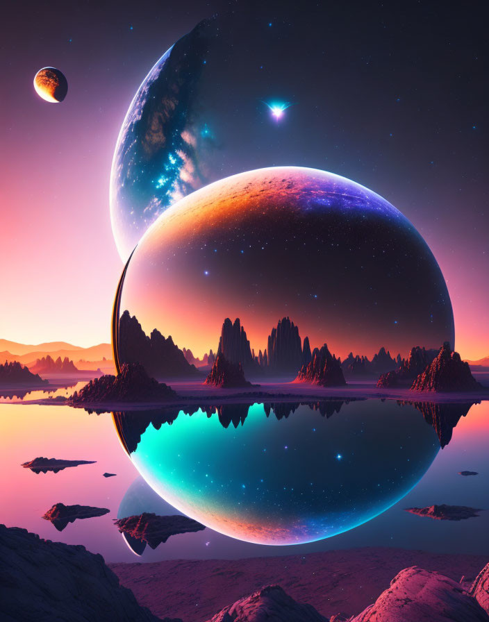 Sci-fi landscape with celestial bodies and sunset reflection.