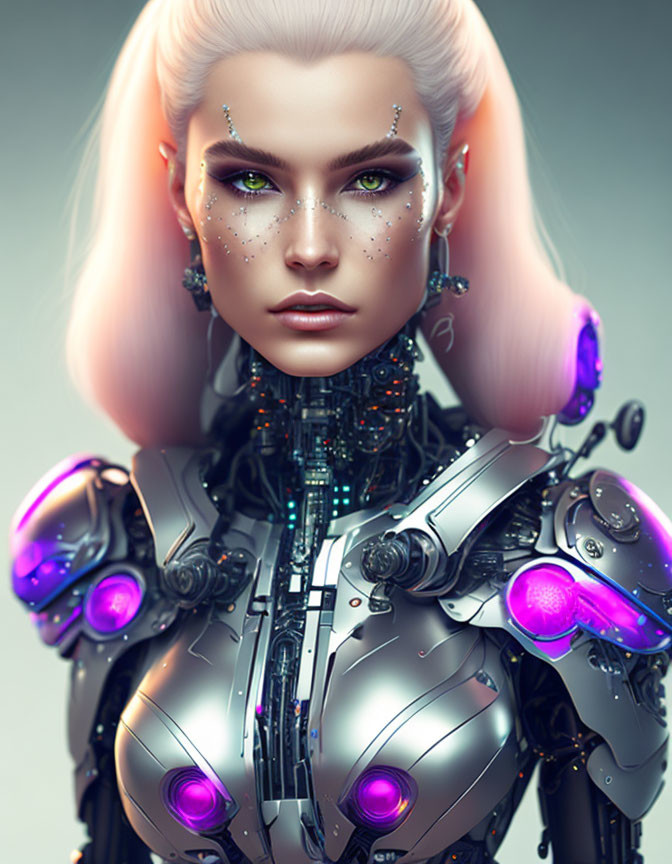 Futuristic female android with pale skin, freckles, green eyes, ombre pink