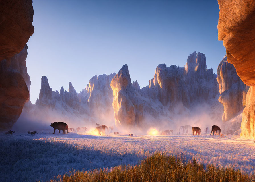 Winter sunrise landscape: horses grazing in misty, rocky meadow