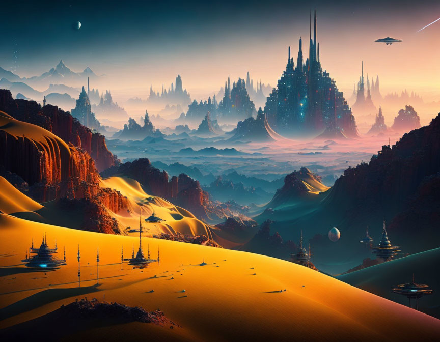Futuristic cityscape, desert dunes, misty valleys, and flying vehicles in an alien