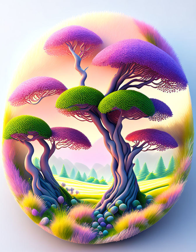 Egg-shaped artwork of vibrant purple and pink trees in oval frame