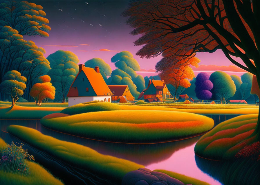 Colorful Dusk Countryside with River, Trees, and Cozy Cottages