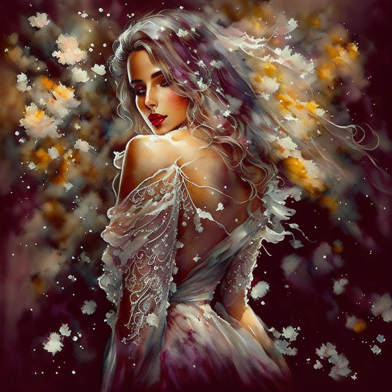 Woman in ethereal gown amidst swirling flowers and flowing hair