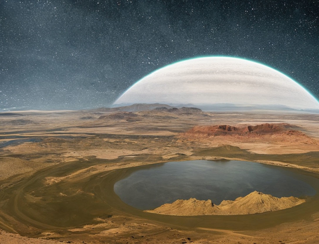 Vast Desert Landscape with Circular Lake Under Starry Sky