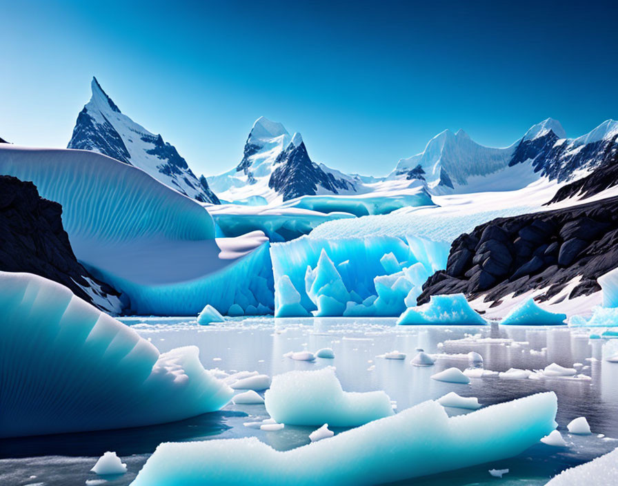 Polar landscape with icebergs, glaciers, and mountains