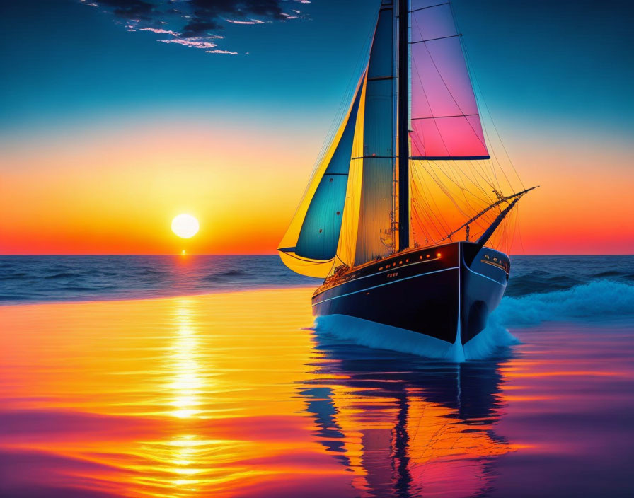 Vibrant sailboat on calm sea at stunning sunset