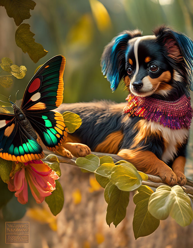 Small Dog with Black and Tan Fur and Beaded Necklace Watching Butterfly on Branch
