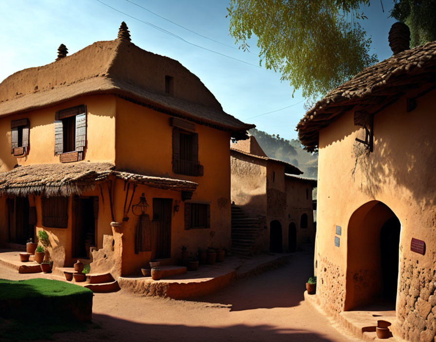 Rural village scene: mud houses with thatched roofs under golden sunlight