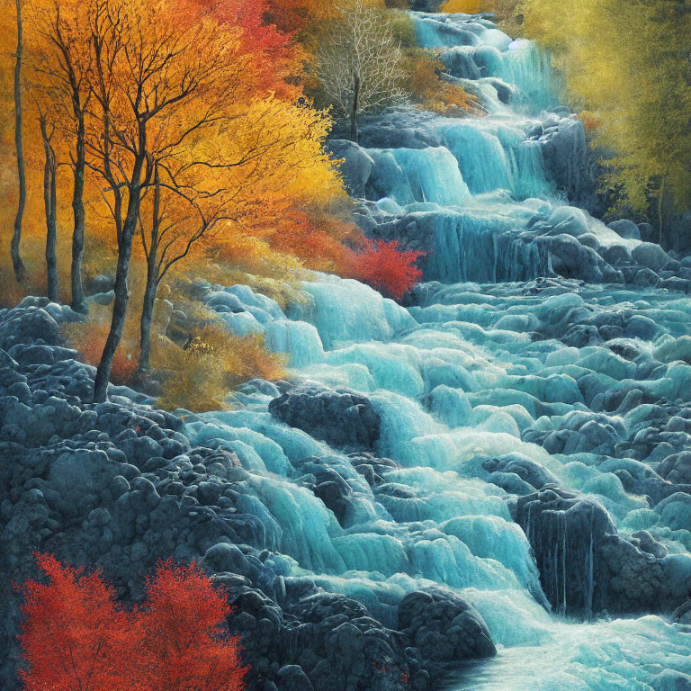 Colorful painting of autumn waterfall with vibrant oranges, reds, and blues
