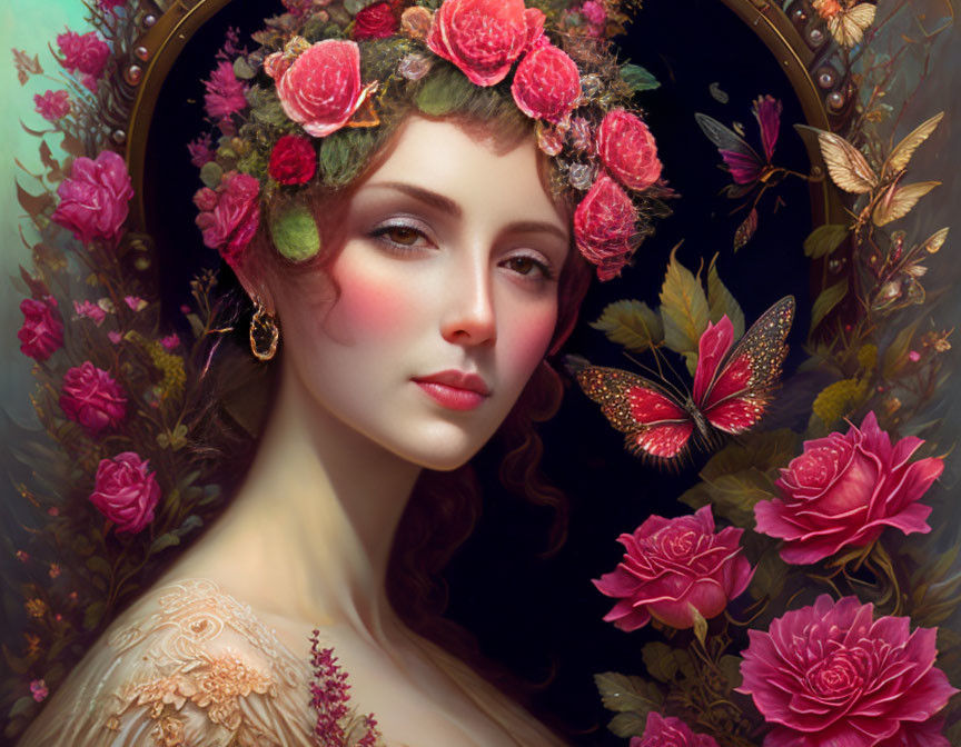 Ethereal painting of woman with floral headpiece, roses, and butterflies