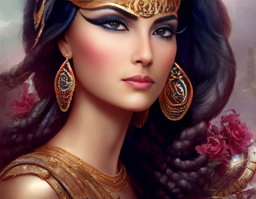 Woman with dramatic makeup and golden jewelry against pink flower backdrop