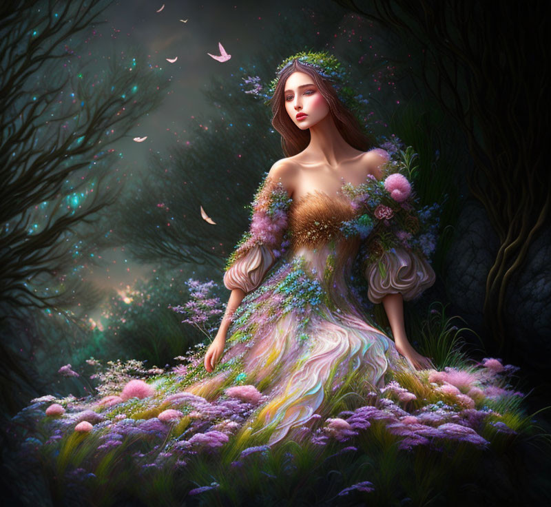 Illustration: Woman in flower dress and crown in enchanted forest with glowing lights