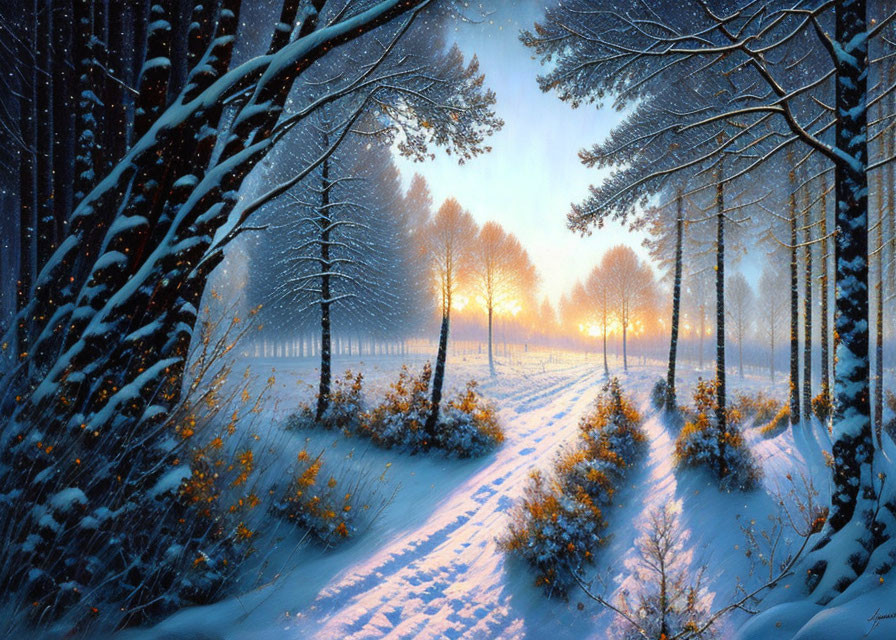 Sunset or sunrise casting warm glow on snow-covered forest pathway
