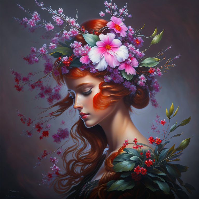 Red-haired woman with floral crown in serene pose