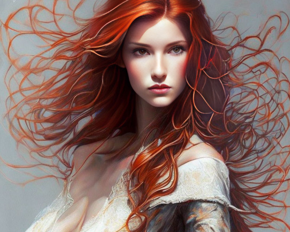 Digital art portrait: Woman with red hair, green eyes, white off-shoulder dress