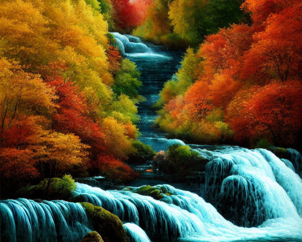 Colorful autumn waterfall surrounded by red, orange, and yellow trees