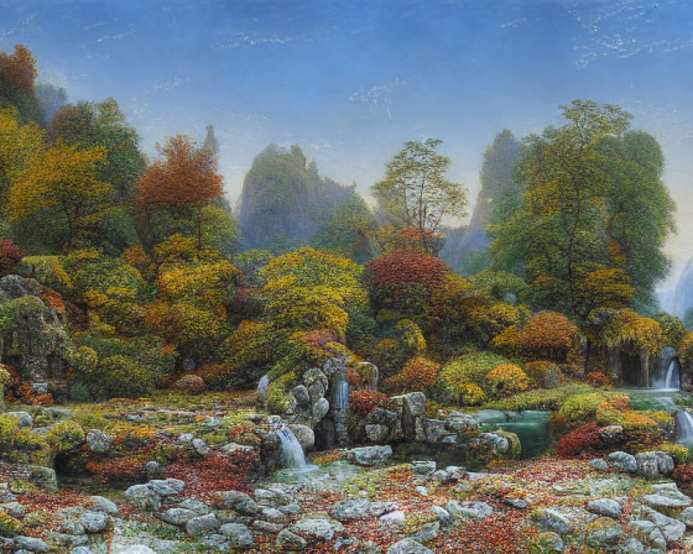 Panoramic autumn landscape: waterfalls, colorful trees, tranquil river