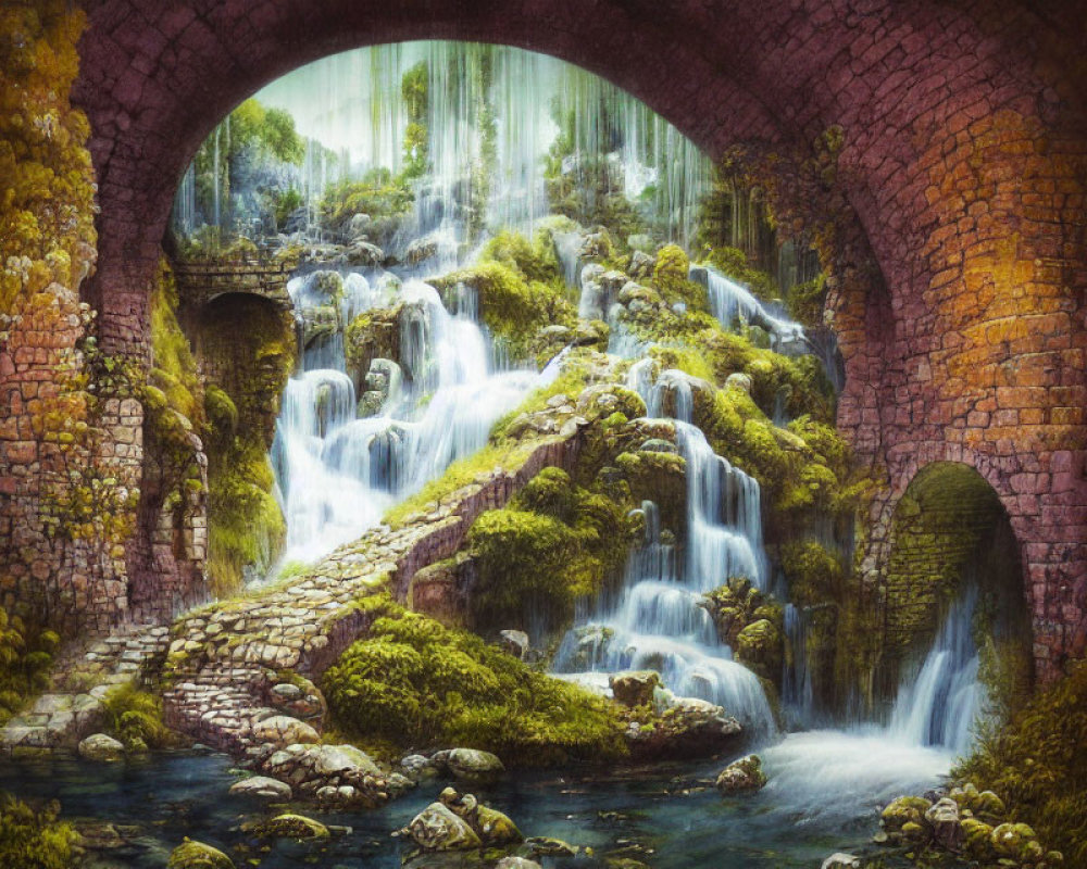 Brick bridge with cascading waterfalls in lush green setting